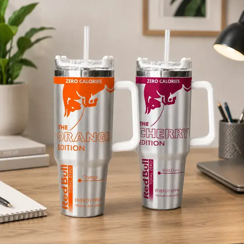 [Gift box and straw] V3 Red Bull Pink, Blue & White Edition 40oz Stainless Steel Tumbler With Handle and Straw  Stainless Steel Travel Cup  Gift for Energy Drink Fans