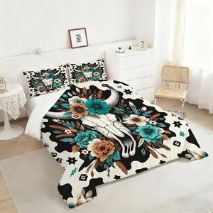 Bohemian Floral Cow Skull Comforter Set, Duvet Set, Duvet Cover Set, Vibrant Teal & Brown Bedding Set, Unique Vintage Western Design, Perfect for Bedroom Decor, Quilted Comforter for All Seasons, Includes 1 quilt, 1 or 2 pillowcases