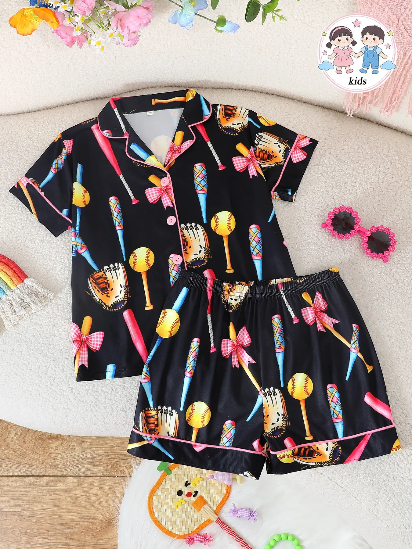 Girls' Cartoon Pattern Collared Pajama Set, Short Sleeve Button-Front Top and Shorts with Bow Pattern, Summer Pjs Casual Sleepwear, Cartoon Print Pajama
