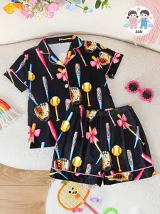 Girls' Summer Casual Sleepwear Set, Cartoon Print Pajama, Short Sleeve Button-Front Top & Shorts, Cartoon Bow Pattern, All-Season Wear, Sleepwear Pajamas Set