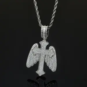Iced Out Angel Wing Cross Necklace Moissanite Pendant Silver Plated Copper Hip Hop Jewelry for Men Women