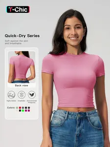 Women's Plain Round Neck Crop Sports Tee, Jersey Tee, Sporty Casual Tight-fitting Short Sleeve T-shirt for Yoga Gym Workout Running, Ladies Sportswear Clothing for Summer, Quick Dry Activewear, Sports Tops