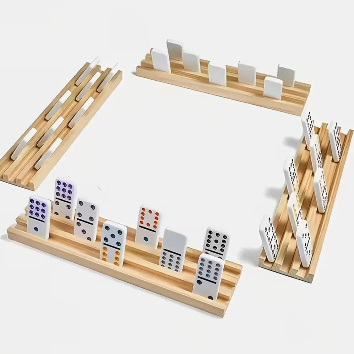 4pcs/set Domino Stand with Non-Slip Pads, Wooden Desktop Storage Rack, Sturdy Domino Tray for 4-Player Game, Board Family Games, Family Fun Game