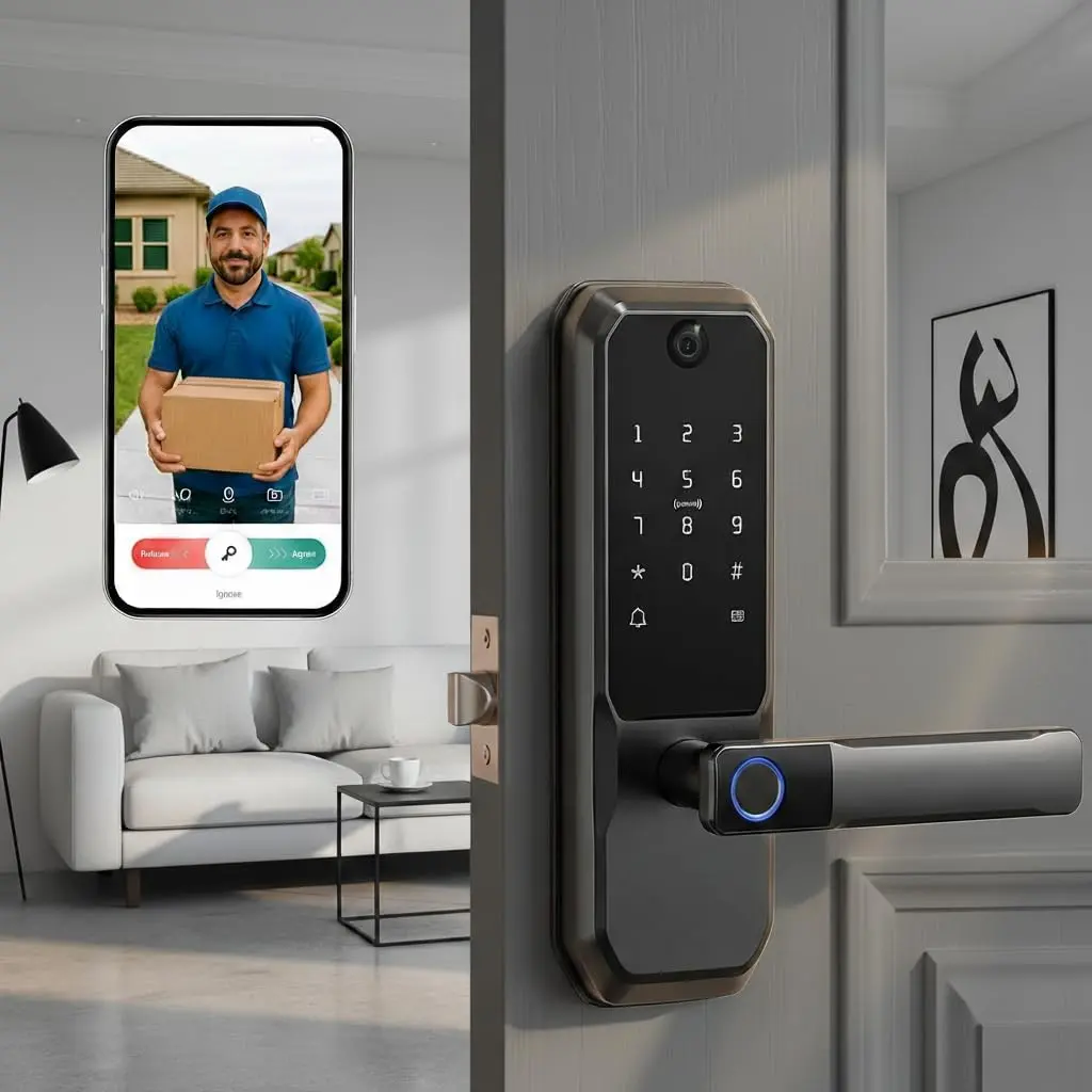 UMIK Smart Lock with camera, Smart Deadbolt Lock with Video Doorbell,5-in-1 Handle lock,Anti-Peek PIN,Tuya App Remote Access, Rechargeable Keyless Entry Electronic Door Lock,Fingerprint Lock for Apartments,Home,Front Door, Luxury Condos