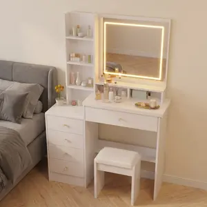 Modern-Style Makeup Vanity Desk,White Dressing Table with LED Mirror (3-Color  Lighting), Includes Matching Stool and Multiple Drawers,Compact Dressing Table for Small Spaces