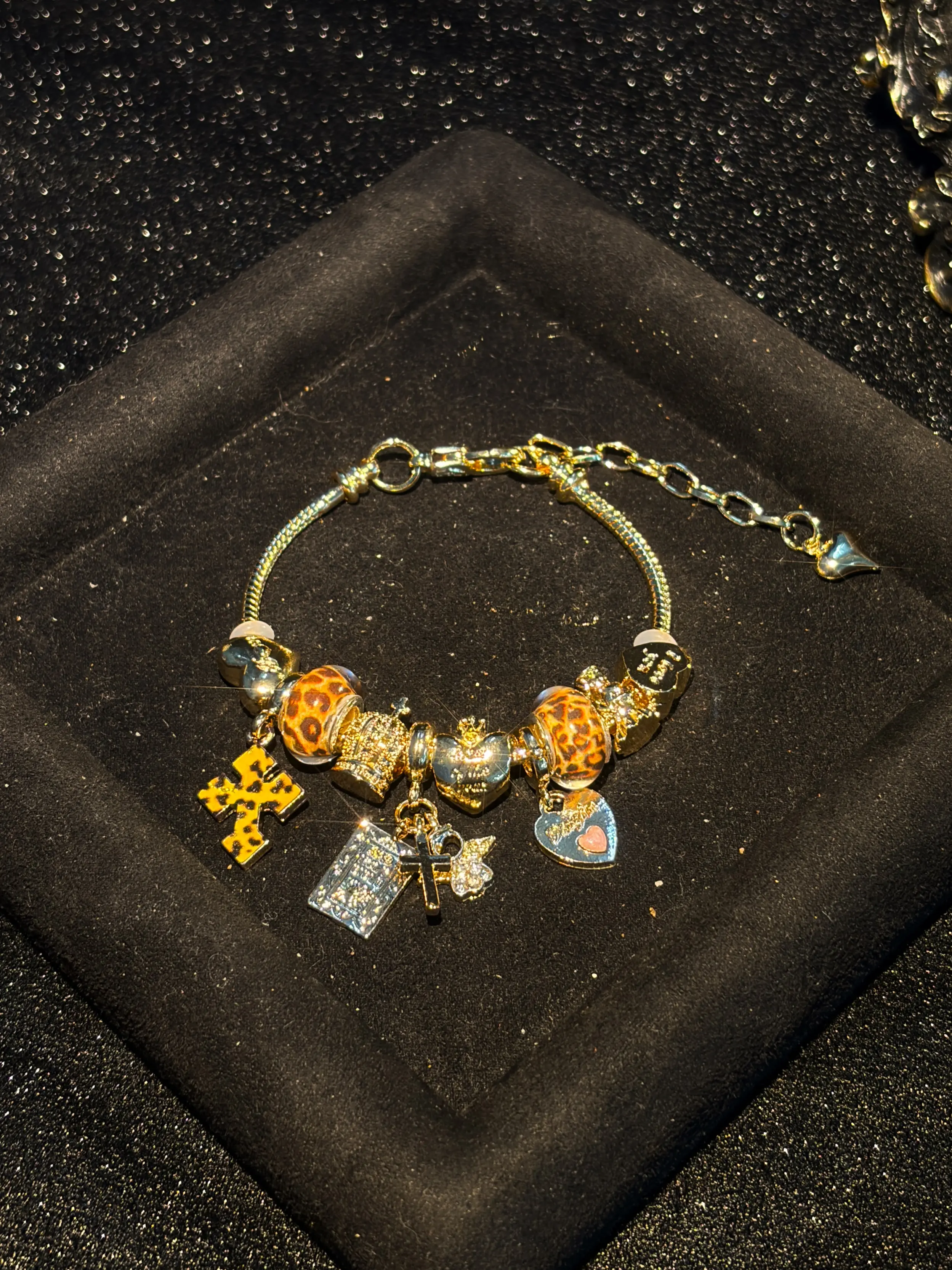 gold tone leopard print charm bracelet, snake chain beaded bracelet with multi dangle charms, fashion statement jewelry gift for women