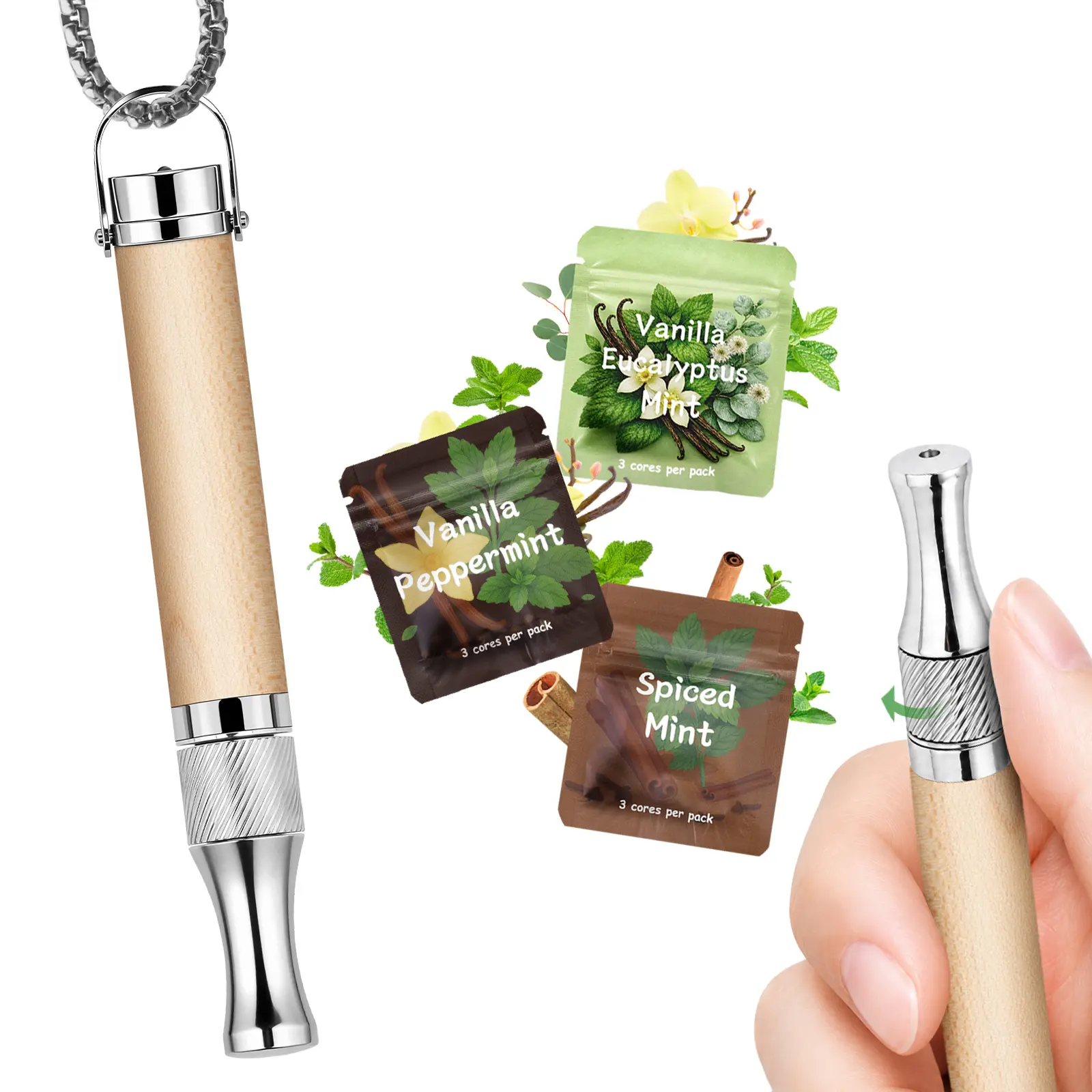 LANMOTION Adjustable Airflow Breathing Necklace - 360° Rotatable Fidget Ring, Replaceable Herbal Aroma Cores, Real Wood EDC Wearable Accessory for Daily Relaxation