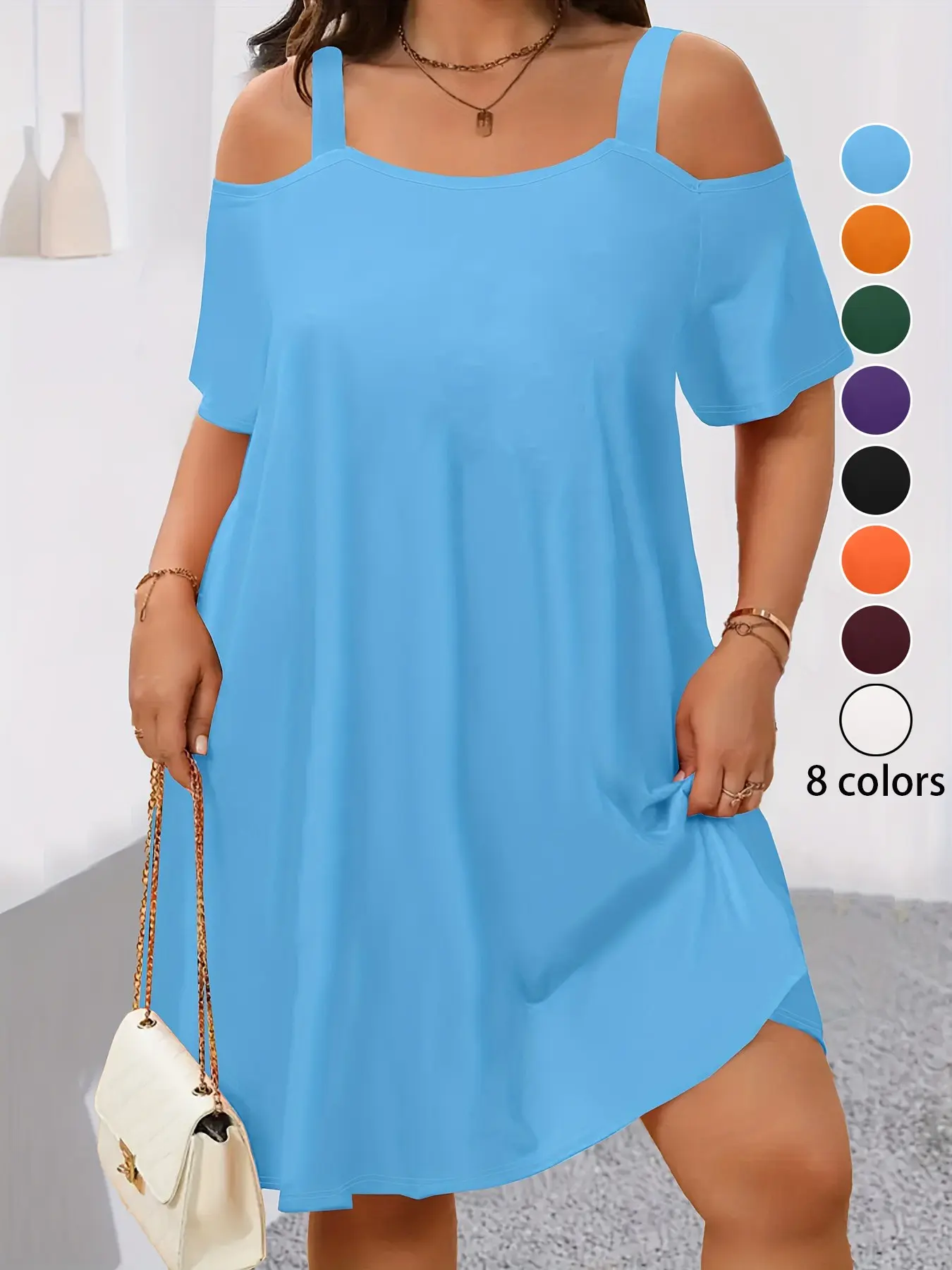 Plus Size Women's off Shoulder Strapless Dress, Loose Fit Slimming Short Sleeve T-Shirt Dress, 8 Colors Available, Summer Casual Elegant Breathable Dress Everyday Wear, Womenswear