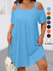 Plus Size Women's off Shoulder Strapless Dress, Loose Fit Slimming Short Sleeve T-Shirt Dress, 8 Colors Available, Summer Casual Everyday Wear, Womenswear