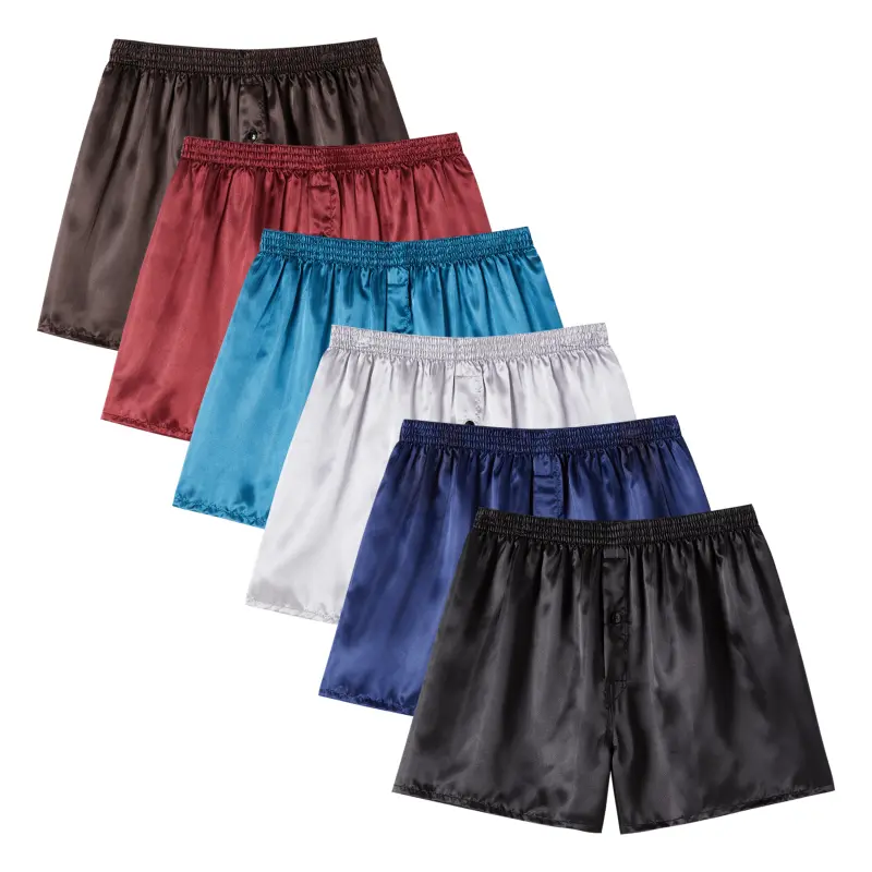 JupiterSecret 6-Pack Men's Satin Boxer Shorts in Assorted Solid Colors, Smooth Glossy Fabric, Lightweight Relaxed Fit with Button Fly and Elastic Waist