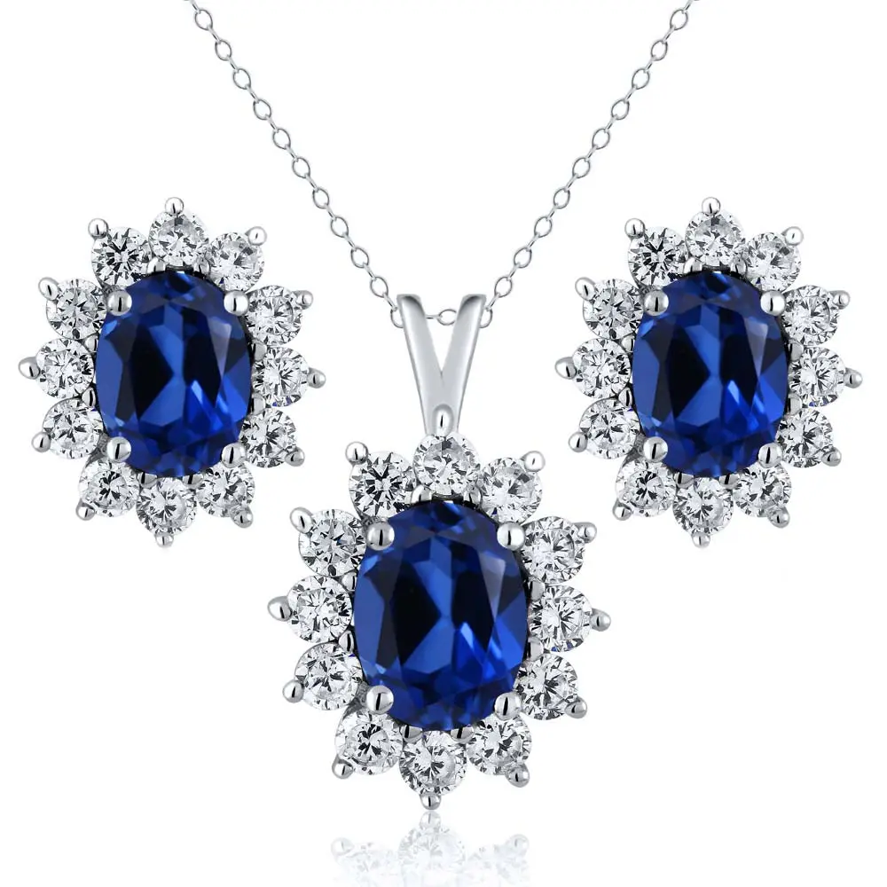 Gem Stone King 5.24 Cttw Blue Created Sapphire and White Zirconia Pendant Necklace For Women | 925 Sterling Silver | Gemstone September Birthstone | Oval 8X6MM | With 18 Inch Chain