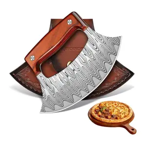 ROCOCO Pizza Cutter Ulu Knife – Full Tang Mezzaluna Rocker Chopper with Sheath for Kitchen, Camping, BBQ, Gifts for Men Women