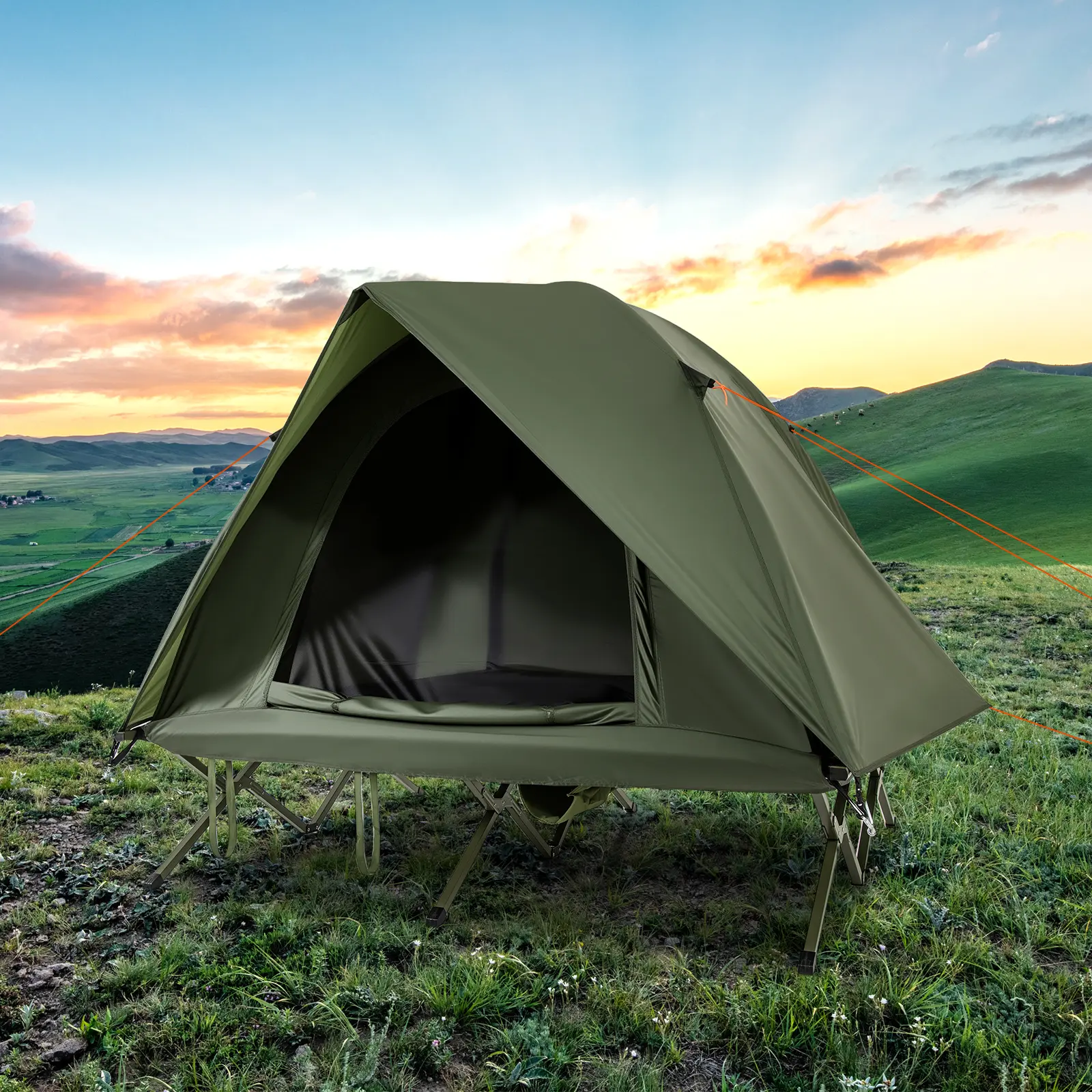 COSTWAY - 2-Person Camping Cot Tent Foldable Off-Ground Camping Combo for Adults-Green COSTWAY - 2-Person Camping Cot Tent Foldable Off-Ground Camping Combo for Adults-Green