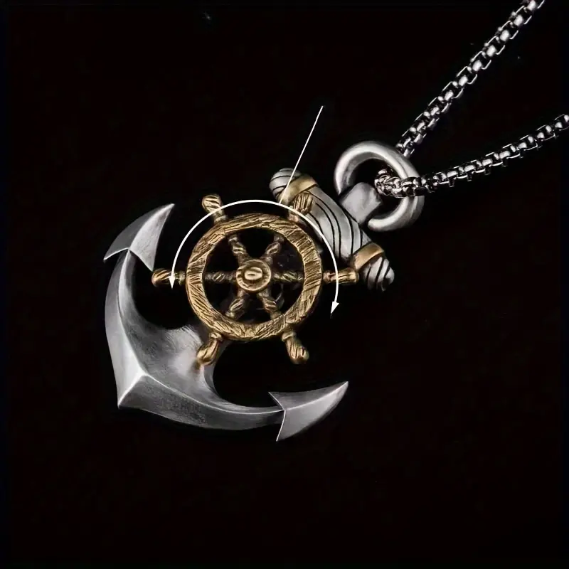 Men's Retro Ethnic Pirate Anchor & Ship Wheel Pendant Necklace - Vintage Sailor Punk Alloy Chain, Party Costume Jewelry, Male, Vintage Pirate Anchor, Chain Jewelry Necklaces