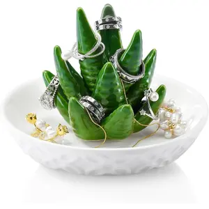 Aloe Ring Holder for Jewelry - Ceramic Jewelry Tray Rings/Bracelets/Earrings/Trinket Organizer Display Festival Gifts for Women Teen Girls HE02AV