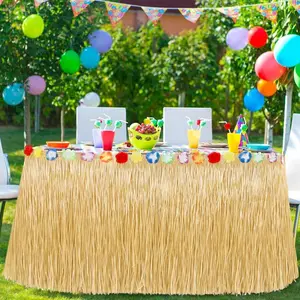 【Hot Selling】Hawaiian Grass Table Skirt Set, Natural Color, 9ft X 29.5in, Tropical Party Decorations, Birthday & Theme Parties, Straw Dress-Up, Table Cover Skirt
