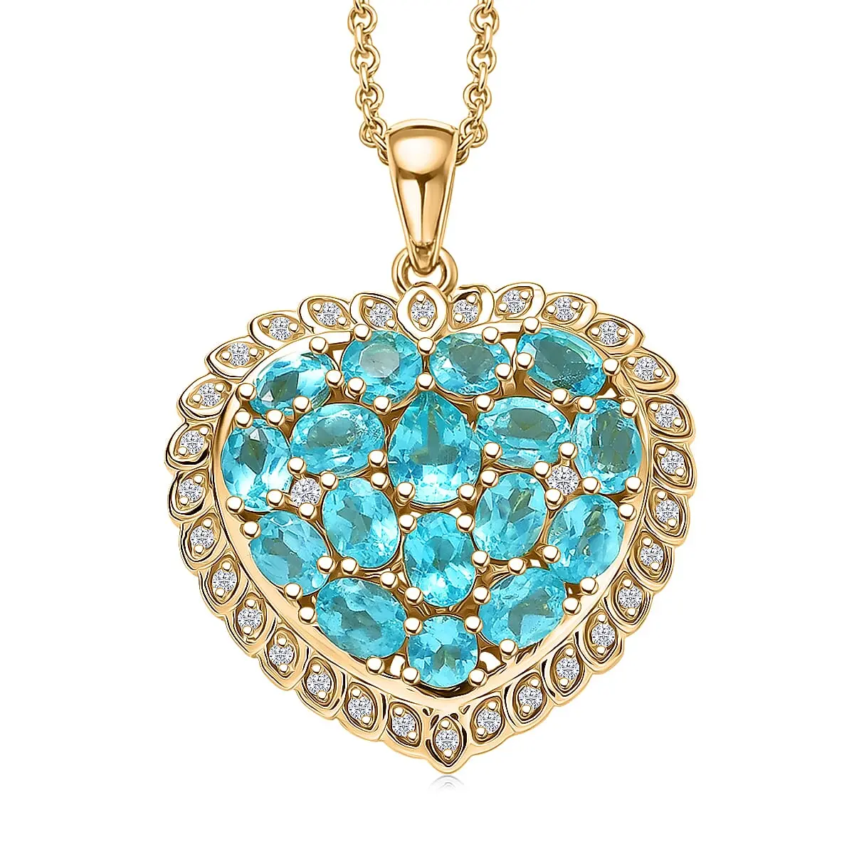 EverTrue Betroka Blue Apatite, White Zircon Heart of Aqualis 3.65 ctw Pendant in 18K YG Plated with ION Plated YG Stainless Steel Necklace (20 Inches)