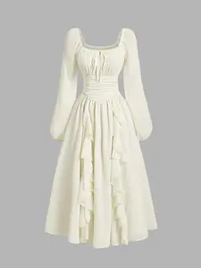 Women's Ruffle Lantern Sleeve Long Dress, Cute Fall Wedding Guest Renaissance Style Back-To-School Graduation Gown Long Sleeves Womenswear