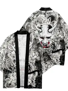 Japanese Oni Samurai Print Kimono Cardigan, Traditional Unisex Kimono Outerwear, Anime Cosplay Yukata Street Style Fashion