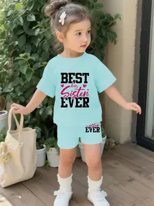 Light blue warm best sister baby girl's set with digital printing, 100% polyester baby short-sleeve set, cute baby girl's casual clothing, Baby Clothes Girl, suitable for daily and outdoor sports T-shirts, a perfect gift for babies