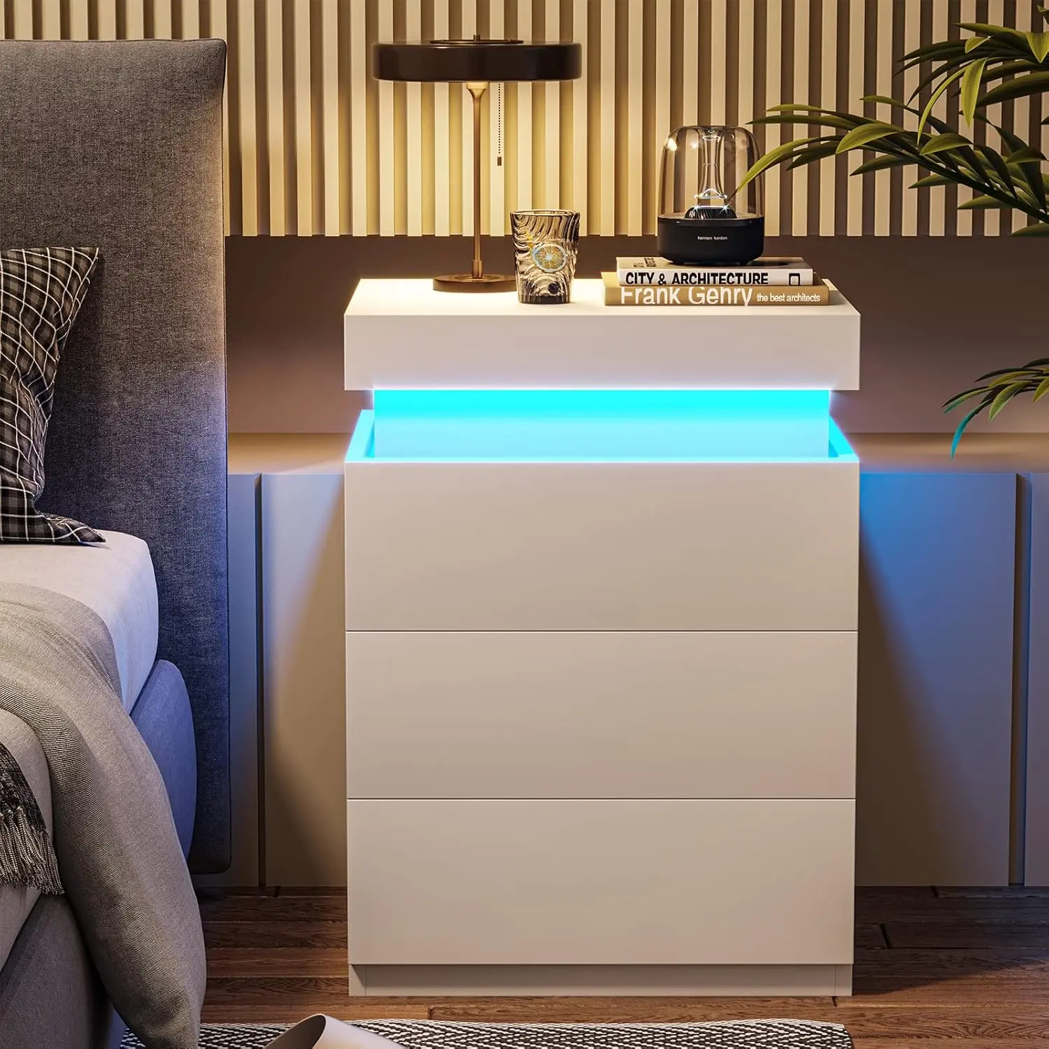 SIKAIC Modern Flat-Top Engineered Wood Nightstand Cabinet - 3 Drawers, 2 USB Ports Charging Station, RGB Lights, Sliding Top, Easy Assembly, Elevated Bed Side Table for Modern Bedroom Storage & Decor, App or Key Control, USB Ports Keep Phones Close
