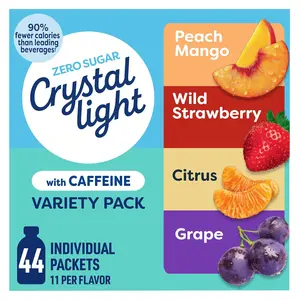 Crystal Light Energizing Drink Mix with Caffeine Variety Pack, 44 Packets for On-the-Go Hydration, Peach Mango, Wild Strawberry, Citrus, Grape, Naturally and Artificially Flavored, Zero Sugar, 4.18 oz