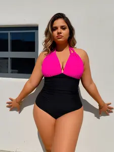 Plus Size Black Pink Color Block One Piece Swimsuit - Halter Deep V + Ruched Waist