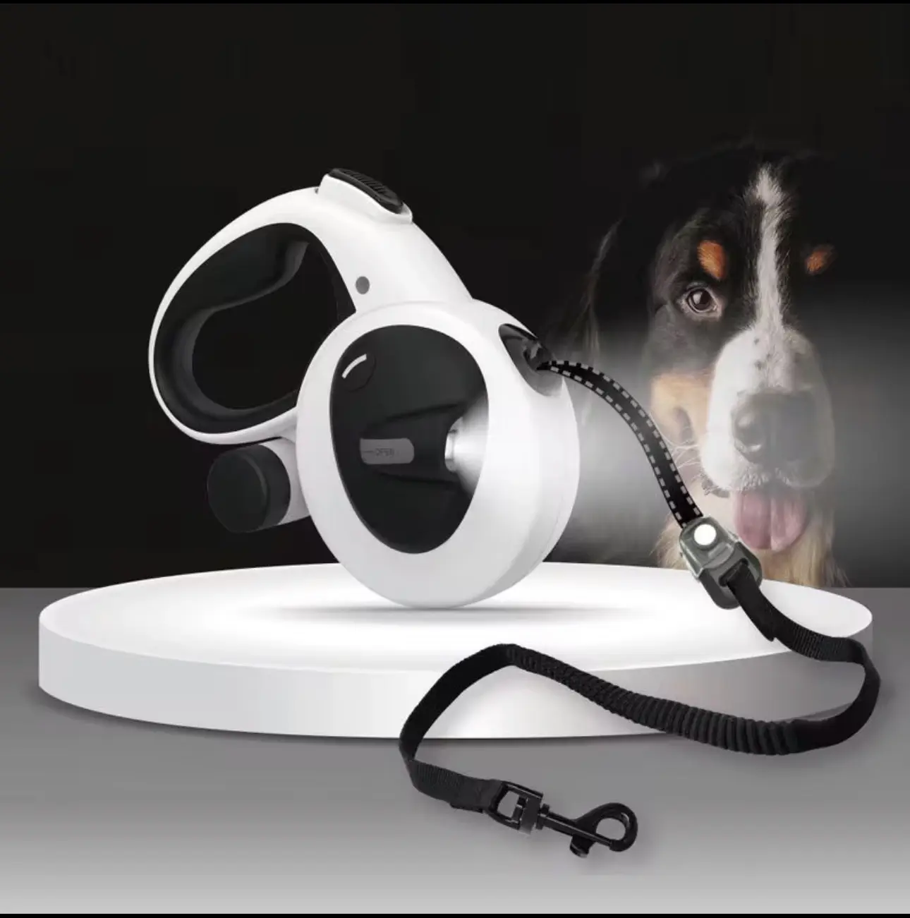 16 FT Retractable Dog Leash with LED Light, Heavy Duty, Tangle-Free, Poop Bag Dispenser with One Bag.