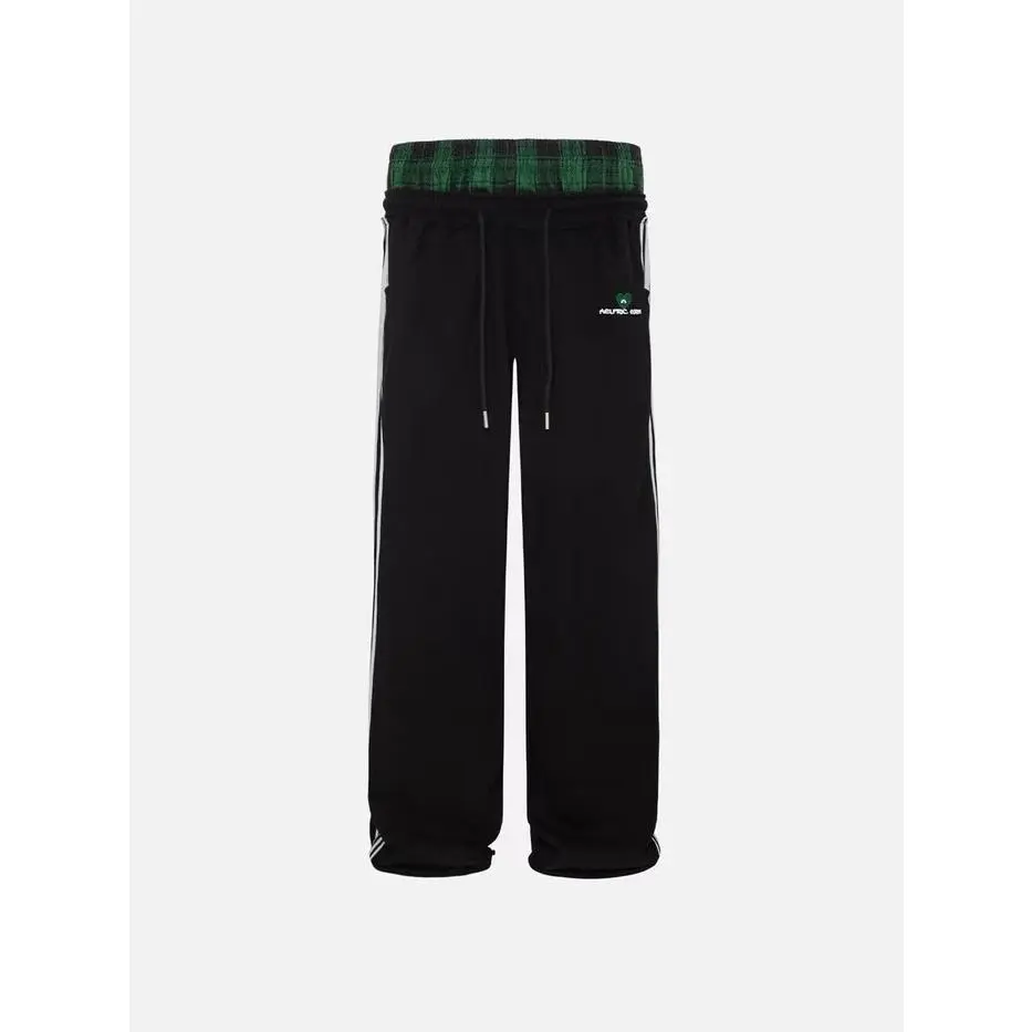 American Vintage Striped Embroidered Sports Casual Pants Loose Unisex Double Waist Fake Two-piece Sweatpants