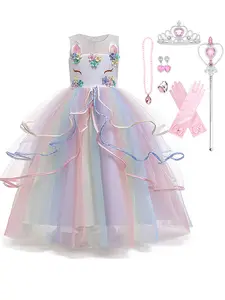 LOEL Girls' Unicorn Rainbow Tulle Dress Princess Costume Long Gown for Pageants Birthday Halloween Christmas Dance Party Girlclothes Toddler Wand Earrings