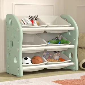 ‌Montessori-Style Removable 6-Bin Organizer for Kids with 3-Tier Shelves, Home Storage for Toys Books Snack, Pink/Green for Boys Girls