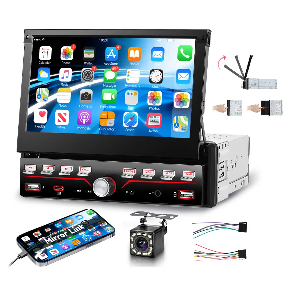 7 Inch Retractable Touch Screen Car MP5 Player Wired Mirror Link Bluetooth FM Radio Type-C USB Car Stereo