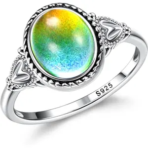 Trendy Sterling Silver Moonstone Mood Ring 18K White Gold Plated Victorian Oval Solitaire Color Changing Ring for Women