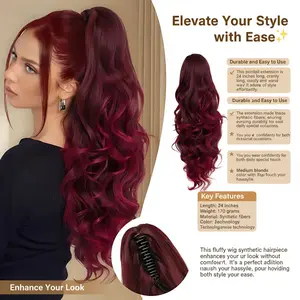 Ponytail Extension 24" Long Curly Wavy Claw Clip in Medium Blonde with Highlights Synthetic Hairpiece for Women Natural Fluffy Japanese Tech Pre Braided Glueless Clip in Hair Extensions pony tail jaw