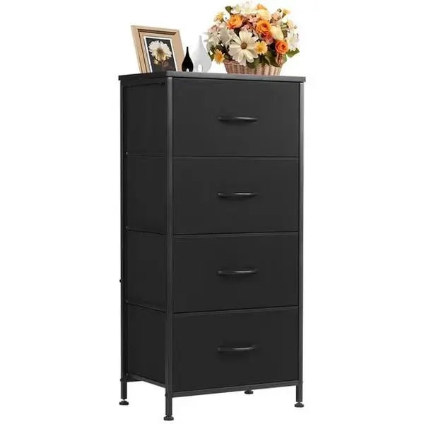 Black 4-Drawer Wide Fabric Dresser with Wood Top - Storage Chest Nightstand for Living Room, Bedroom