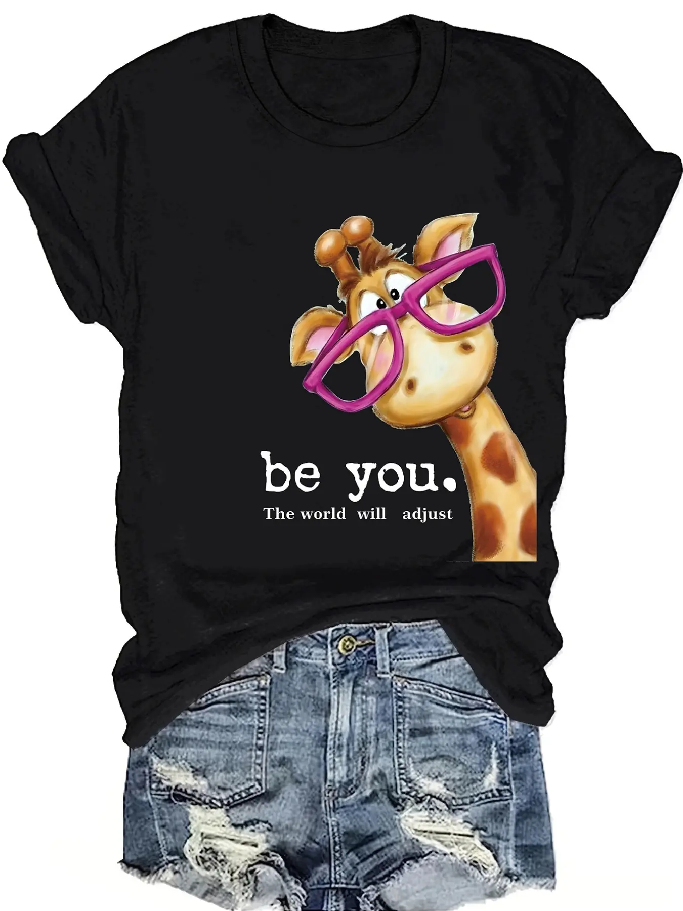 Giraffe print short-sleeve round-neck T-shirt, spring and summer casual top, women's clothing
