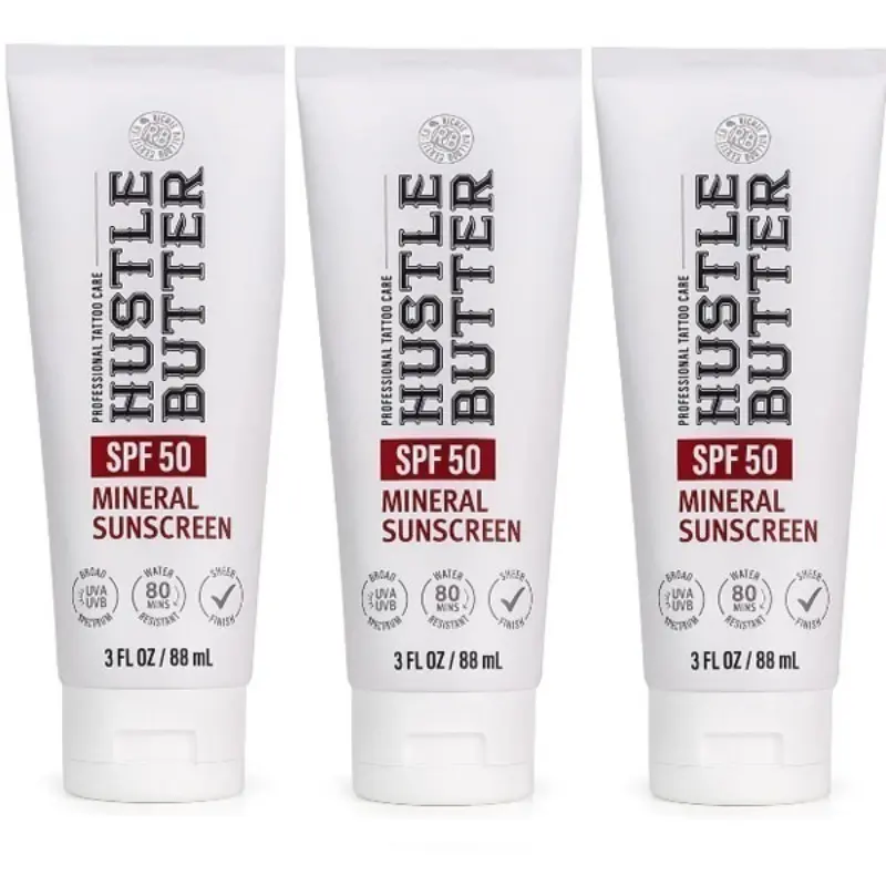 Hustle Butter SPF50 Mineral Tattoo Sunscreen Lotion 3 oz, Water Resistant UV Ink Protector, Gentle Daily Tattoo Aftercare