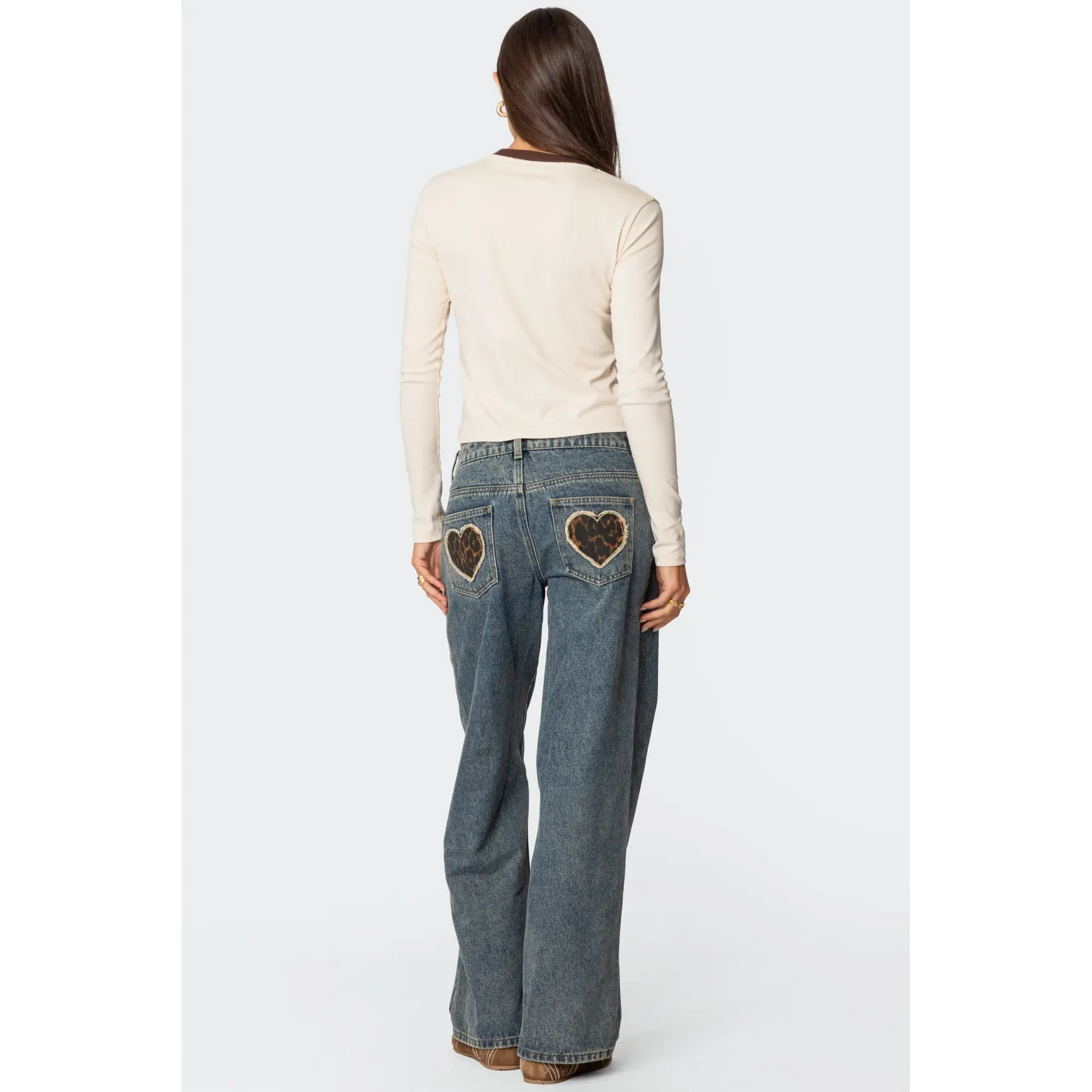 Leopard Heart Low Rise Baggy Jeans