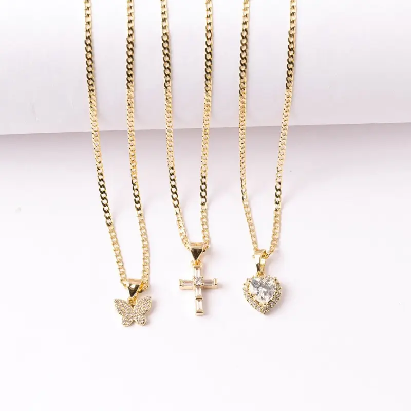 14K Gold Plated 2mm Necklace Chain with CZ Pendant, Female Daily Chain Jewelry Necklaces