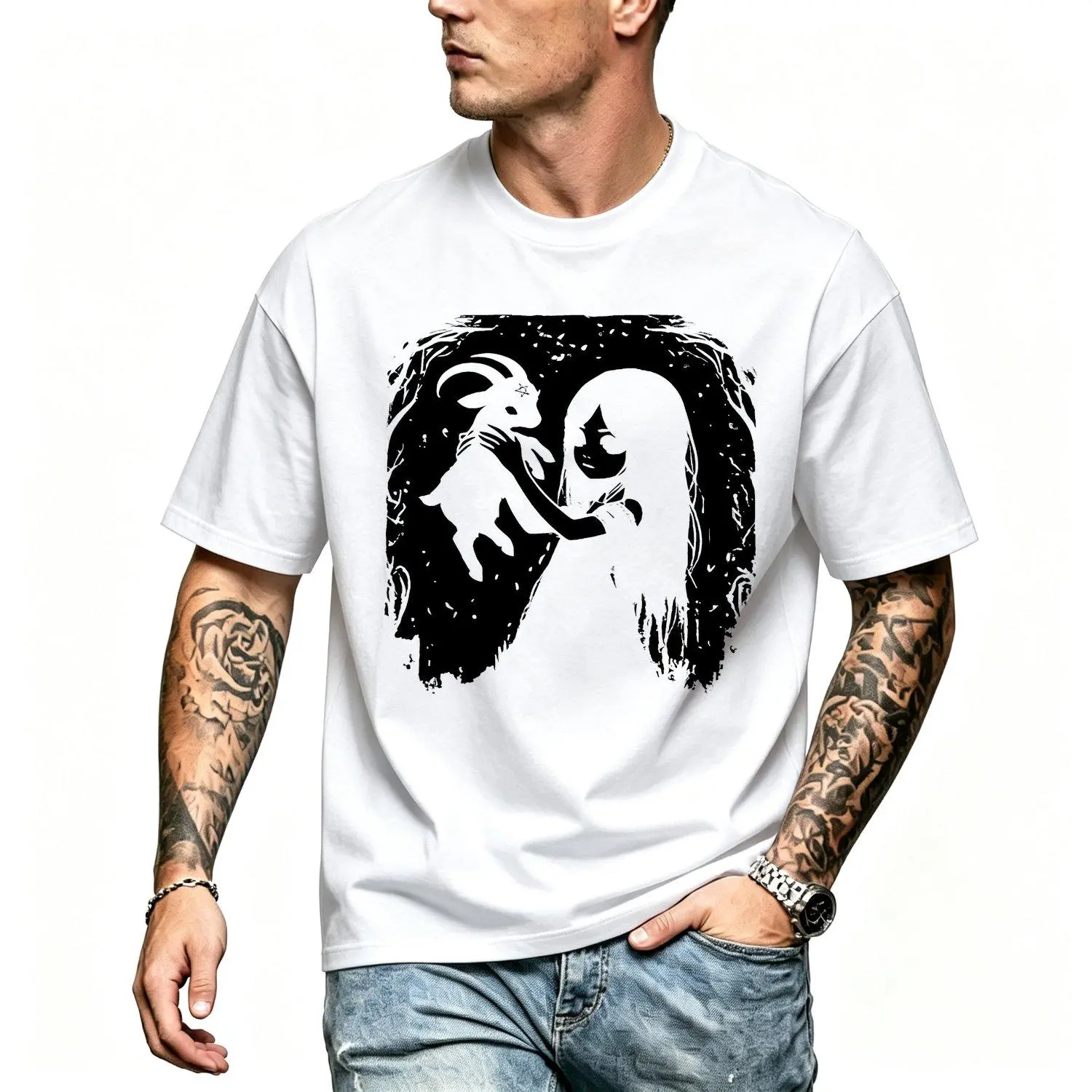 Gothic Goat Baphomet Satanic Aesthetic Men Short sleeve T shirts Machine Washable Round Neck Mushroom Print Design Comfort All Season Wear for Teens