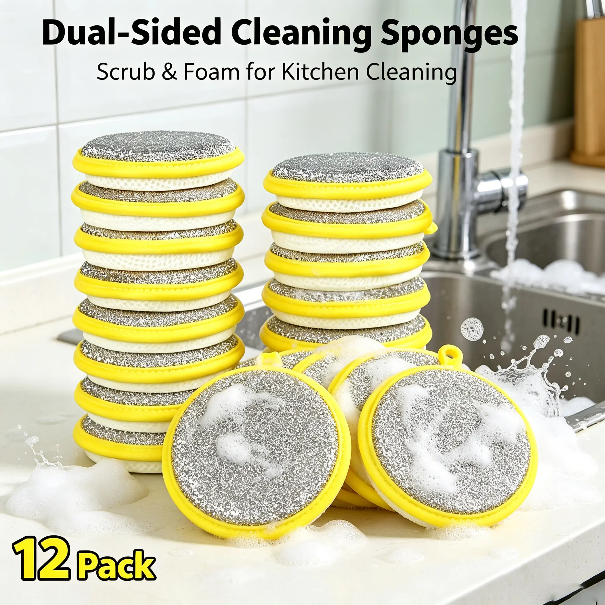 24pcs Double-Sided Non-Scratch Absorbent Cleaning Sponges, Rich Foam Reusable Scrub Sponges with Hanging Loop for Cleaning Dishes, Pots, Sink, Bathroom