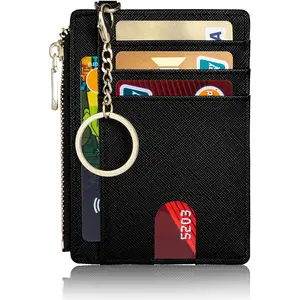 Suweibuke Slim Pocket Wallet, RFID Blocking Credit Card Holder Wallet with D-Shackle ID Window and Detachable keychain for Women (A-Black)