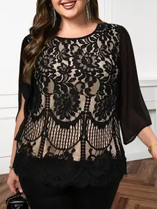2026 New Women's Lace Patchwork Chiffon Sleeve Fashion Elegant Casual Round Neck Top, Long Fitted Plain Pattern All Seasons Clothing