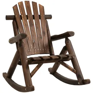 Outsunny Outdoor Wooden Rocking Chair, Single-Person Adirondack Rocking Patio Chair with Rustic High Back, Slatted Seat and Backrest for Indoor, Backyard, Garden, Carbonized