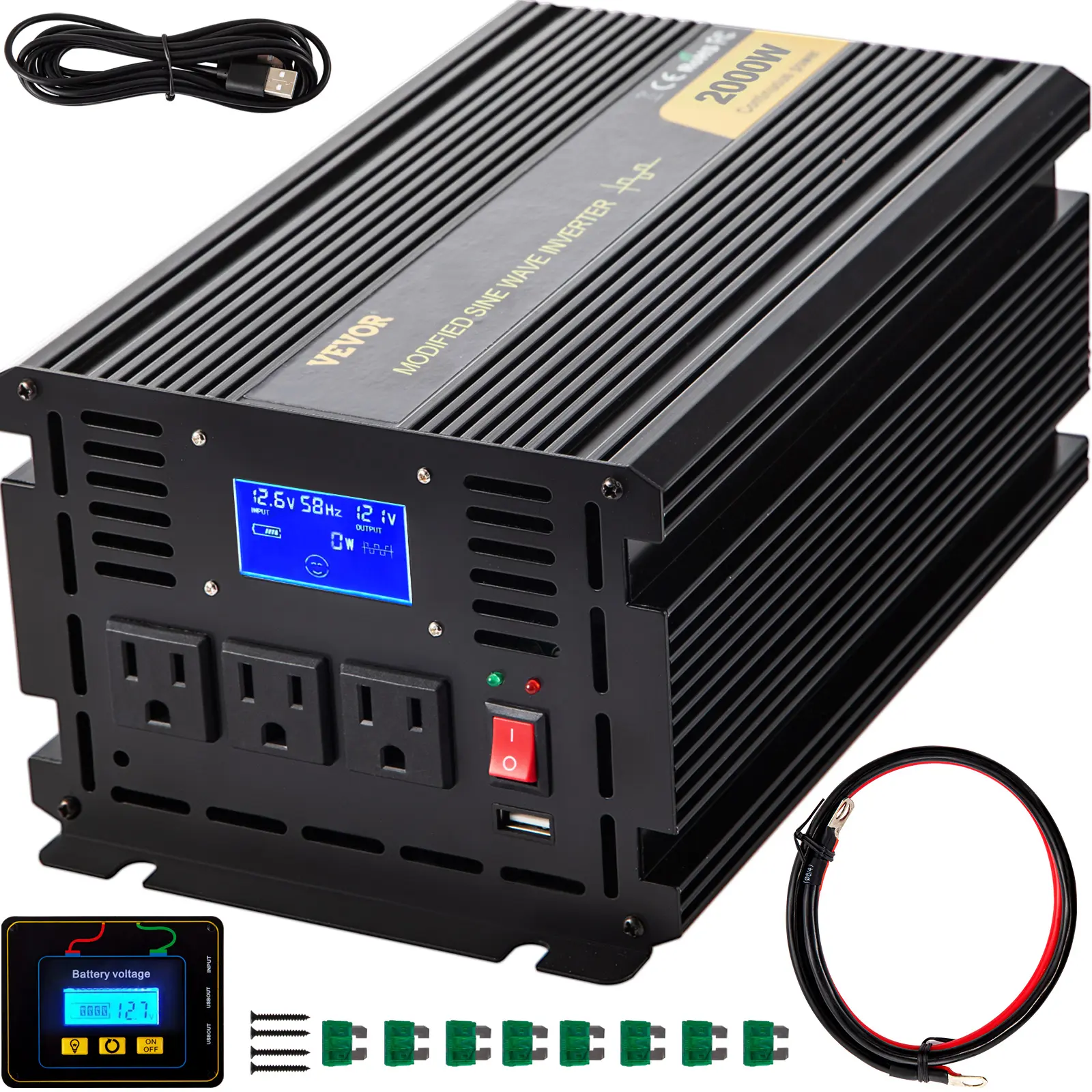 【summerfinds】VEVOR Power Inverter, 2000W Modified Sine Wave Inverter, DC 12V to AC 120V Car Converter, with LCD Display, Remote Controller, LED Indicator, AC Outlets Inverter for Truck RV Car Boat Travel Camping