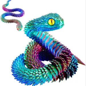 3D Printed Snake with Moveable Joints, articulating animal figurines, Colorful Desk Decoration for Home Office, Perfect Halloween Christmas Gift, Random Eye Style, Modern Home Decoration, Glow Worm Figurines
