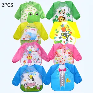 2pcs Baby Bibs, Adjustable Bib Straps, Long Sleeve Waterproof Feeding Apron, Multi-Use, Washable Stain Resistant, Cute Cartoon Pattern, Perfect New Year Gift