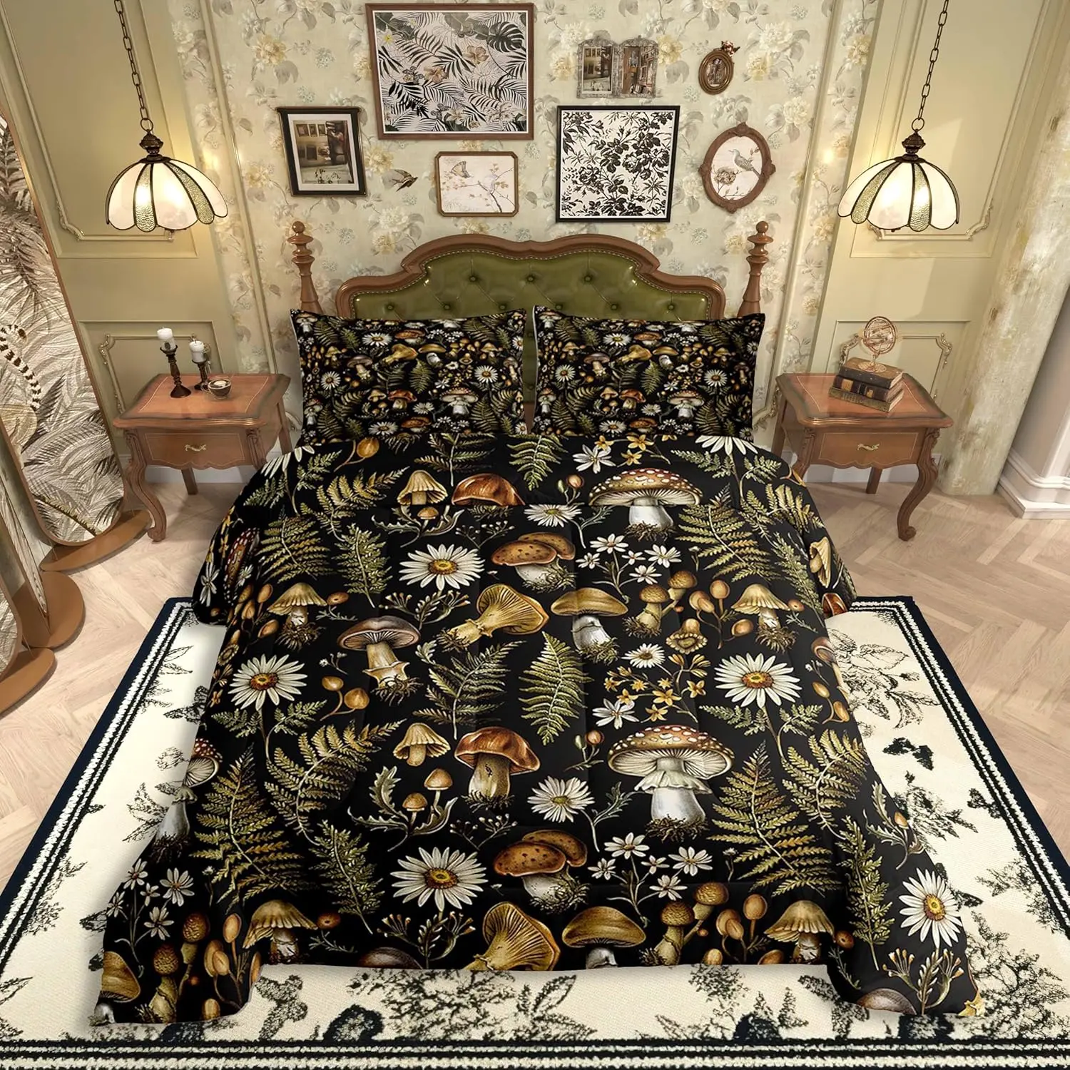 Mushroom Bedding Set,70s Groovy Daisy Green Leaves Comforter Set Adults,Natural Jungle Plants Rustic Style Comforter Duvet Set,back to school,back to school shopping,home decor