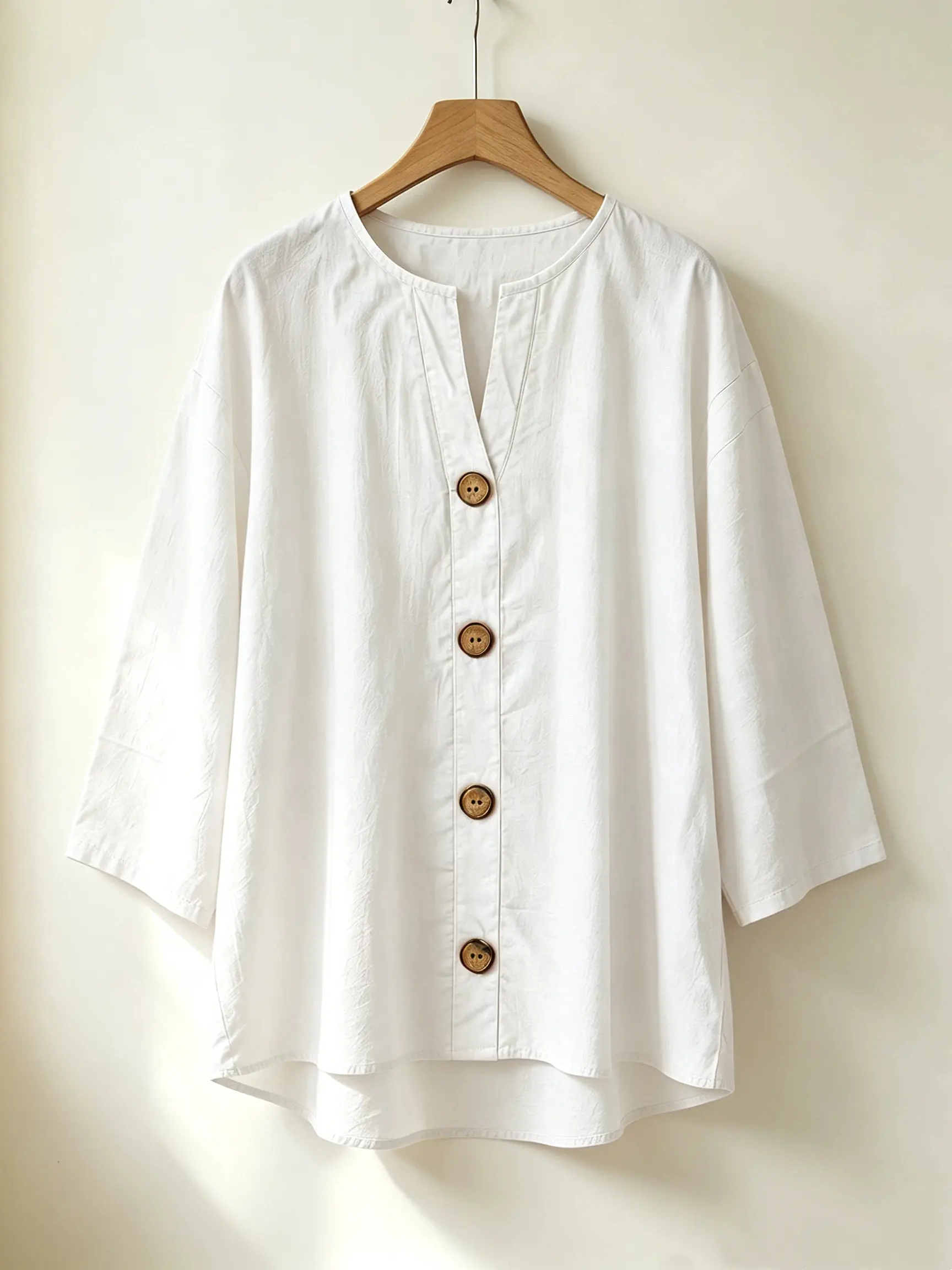 Loose V-neck linen blouse for women, 3/4 sleeves, decorative buttons, casual shirt, breathable lightweight cotton-linen top, ideal for everyday wear and vacations