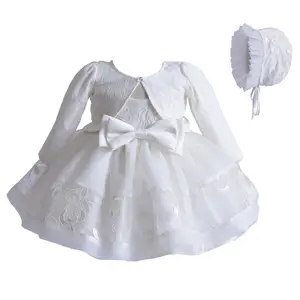 Newborn Baby Girl Christening Dress Long Sleeve Tulle Lace Dress Skirts Cardigan Coat Hat 3Pcs Infant Clothes Sets